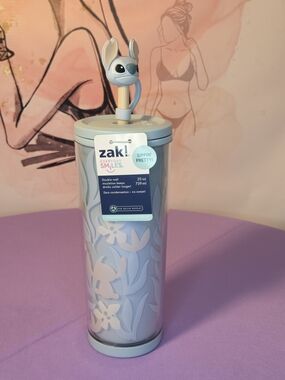 Disney Zak! Light Blue Floral Stitch Topper Insulated Tumbler
